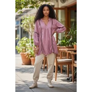 RAVIYA Purple Tunic Top Crochet Inset V Neck Long Sleeve Women L